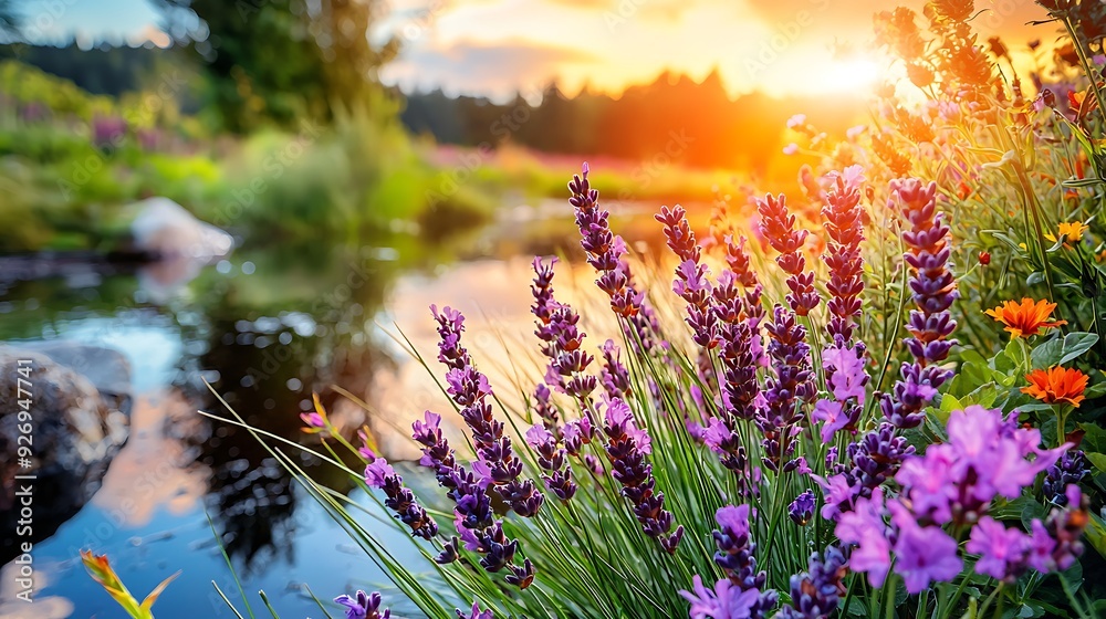 Obraz premium Photography of purple lavender fields with green stems against a dark pond, include a horizontal rectangular solid color palette at the bottom