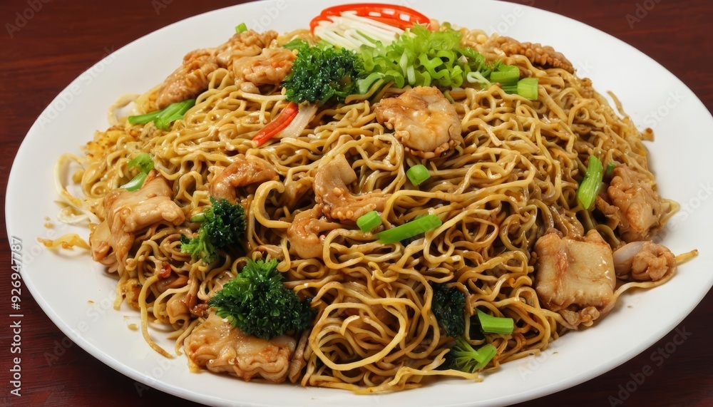 Delicious Asian stirfry with noodles chicken and vegetables Delicious Asian stirfry with noodles chicken and vegetables