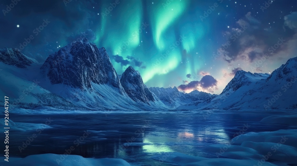 Naklejka premium Northern Lights a snowy mountain.