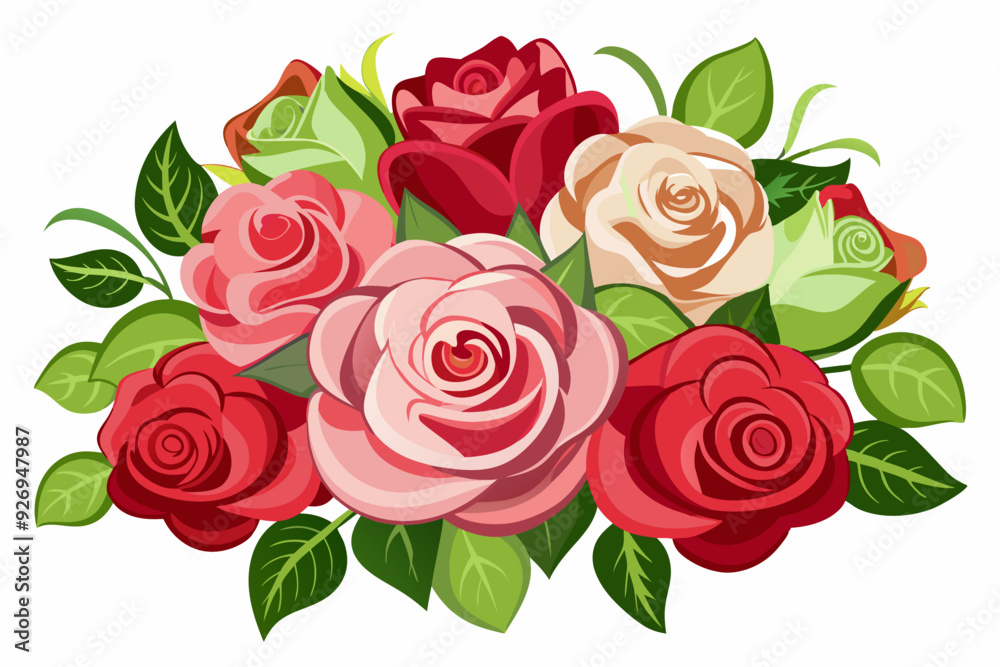 Fototapeta premium A Bouquet of Red, Pink, and White Roses with Green Leaves