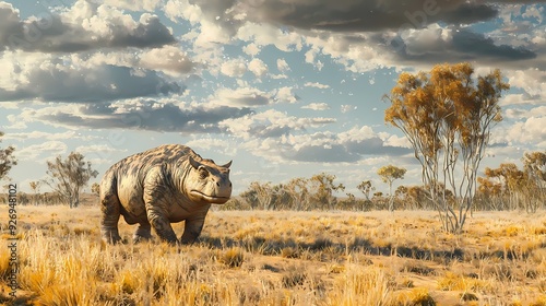 A massive prehistoric rhinoceros-like creature roams through a wide grassland under a beautiful cloudy sky. photo