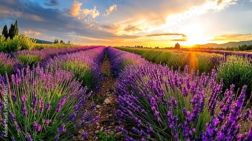 Photography of purple lavender fields with green stems against a sunset sky, include a horizontal rectangular solid color palette at the bottom photo