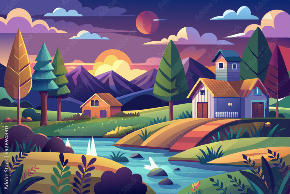 Fototapeta premium A Picturesque Sunset Over a Village Nestled in the Mountains