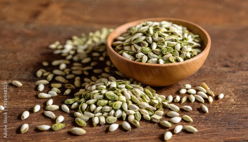 Natural and organic food concept with wooden bowl and seeds Natural and organic food concept with wooden bowl and seeds