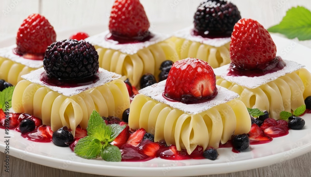Delicious dessert with strawberries and blueberries Delicious dessert with strawberries and blueberries