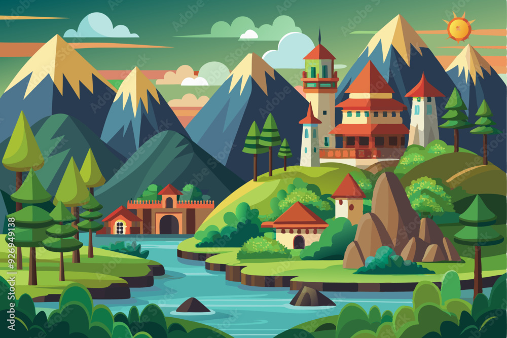 A picturesque mountain landscape with a majestic castle and river. A picturesque mountain landscape with a majestic castle and river.
