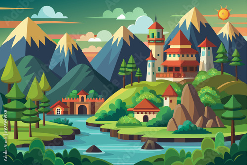 A picturesque mountain landscape with a majestic castle and river.