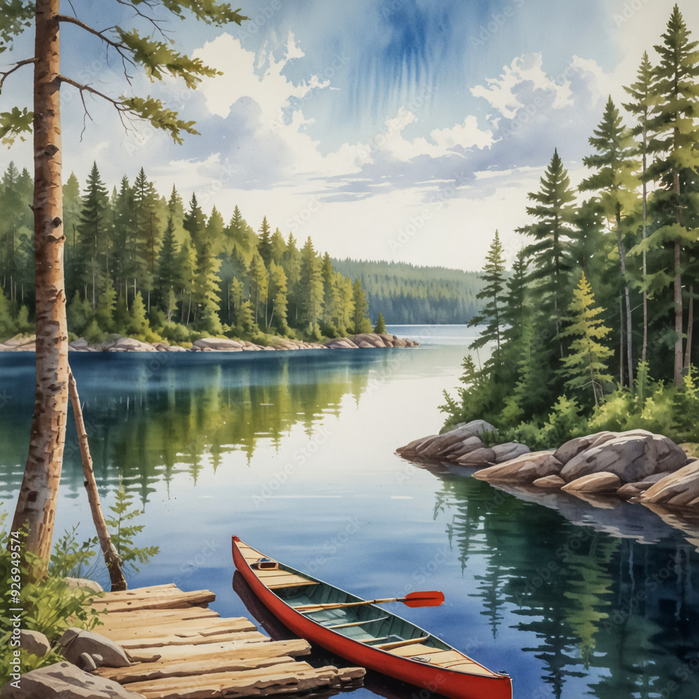 Obraz premium Watercolor illustration of Voyageurs National Park, highlighting its stunning lake landscapes and wilderness. The scene should feature one of the park's picturesque lakes, 