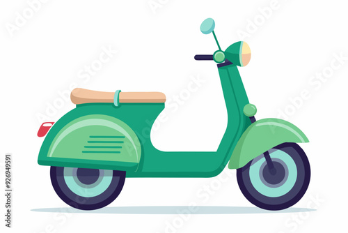 Green Vintage Scooter with Beige Seat and White Background