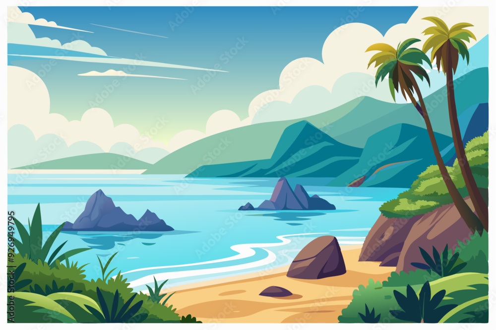 Fototapeta premium Tropical Beach with Palm Trees and Mountain Range