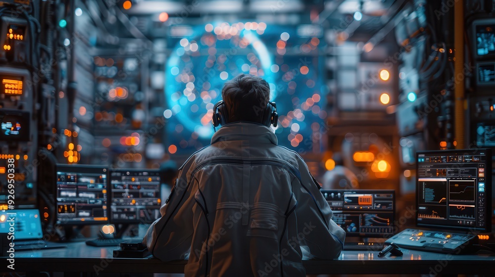 Alien Scientist Conducting Experiments in Futuristic Lab with Advanced Equipment - Space Research Concept for Text Space Below Alien Scientist Conducting Experiments in Futuristic Lab with Advanced Equipment - Space Research Concept for Text Space Below