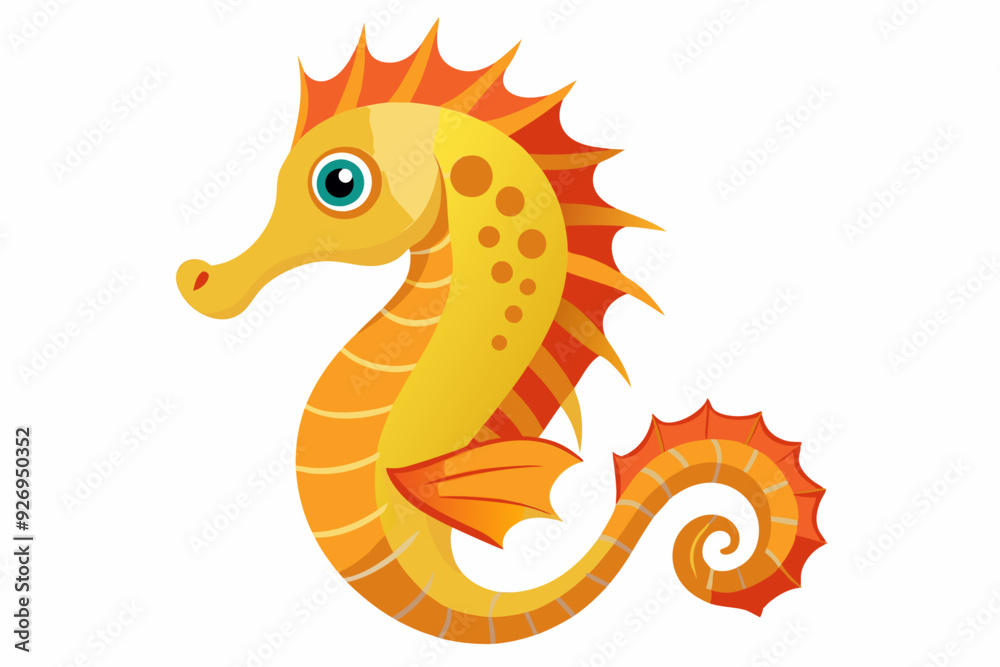 Fototapeta premium Cartoon Illustration of a Yellow Seahorse with Orange Fins and a Red Crest