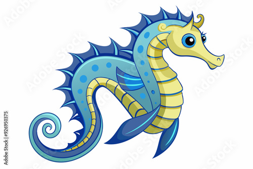 A Cartoon Illustration of a Blue and Yellow Seahorse with Large Eyes