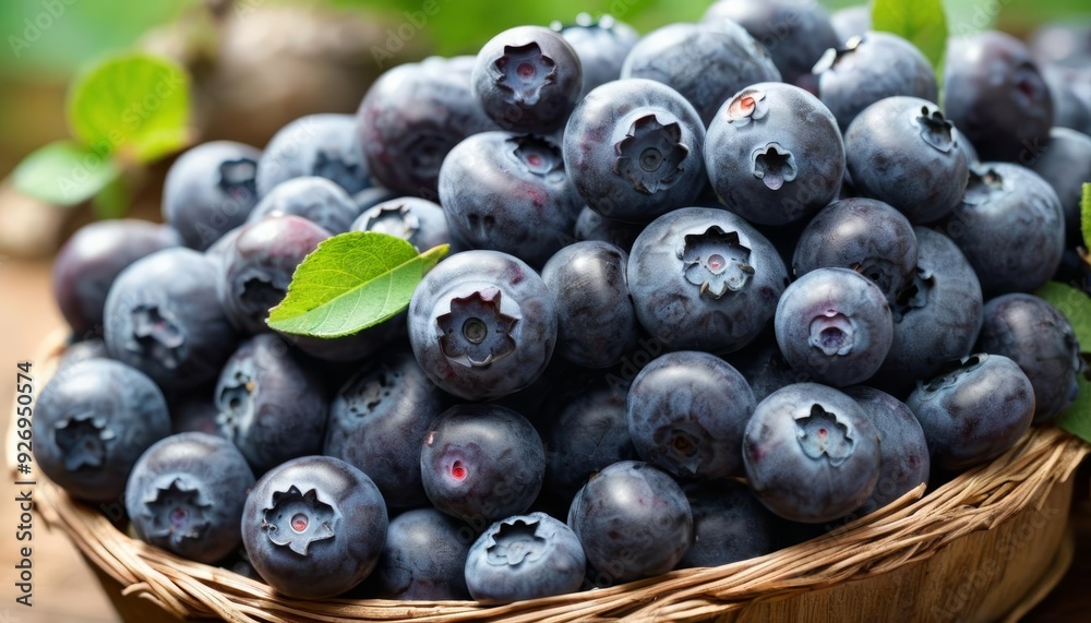 Freshly picked blueberries in a woven basket Freshly picked blueberries in a woven basket