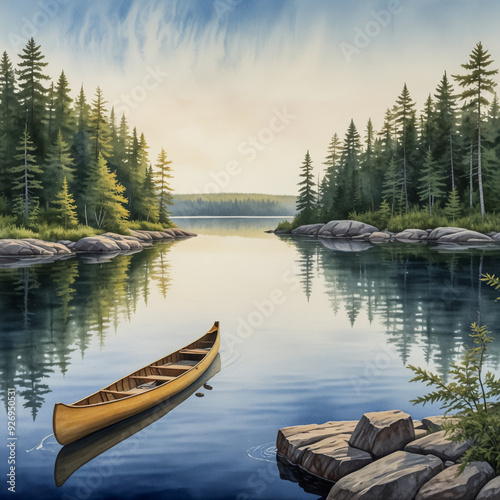 Watercolor illustration of the Boundary Waters Canoe Area Wilderness (BWCAW), capturing the pristine beauty and solitude of this vast natural landscape photo