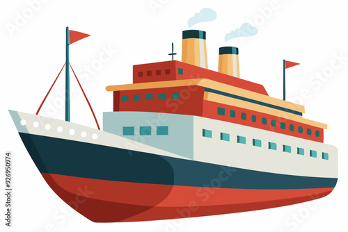 Red and Blue Cartoon Cruise Ship with Two Chimneys