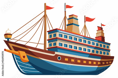 Cartoon Illustration of a Colorful Vintage Ship with Multiple Decks and Red Flags