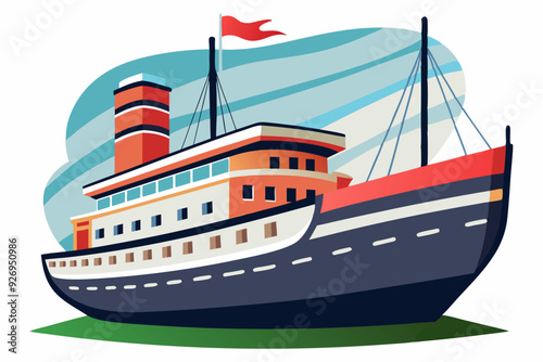 A Cartoon Illustration of a Red and Blue Ship With a Flag on Top