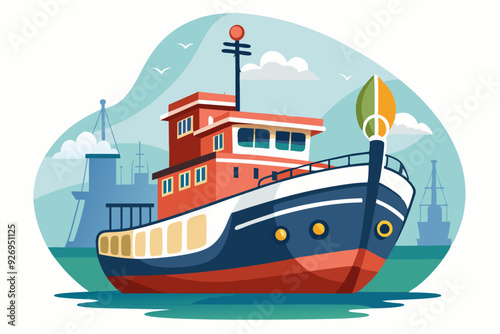 A Red and Blue Boat with White Deck and Yellow Ports in Calm Water