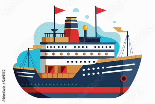 A Cartoon Illustration of a Blue and Red Ship with a White Deck