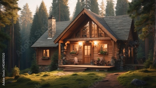 Cozy cabin in the woods, surrounded by tall pine trees, soft light filtering through the branches.