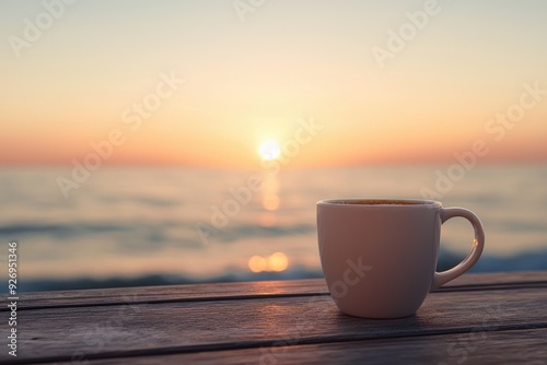 A white coffee cup sits on a wooden table by the ocean, ready to be enjoyed as the day comes to a close