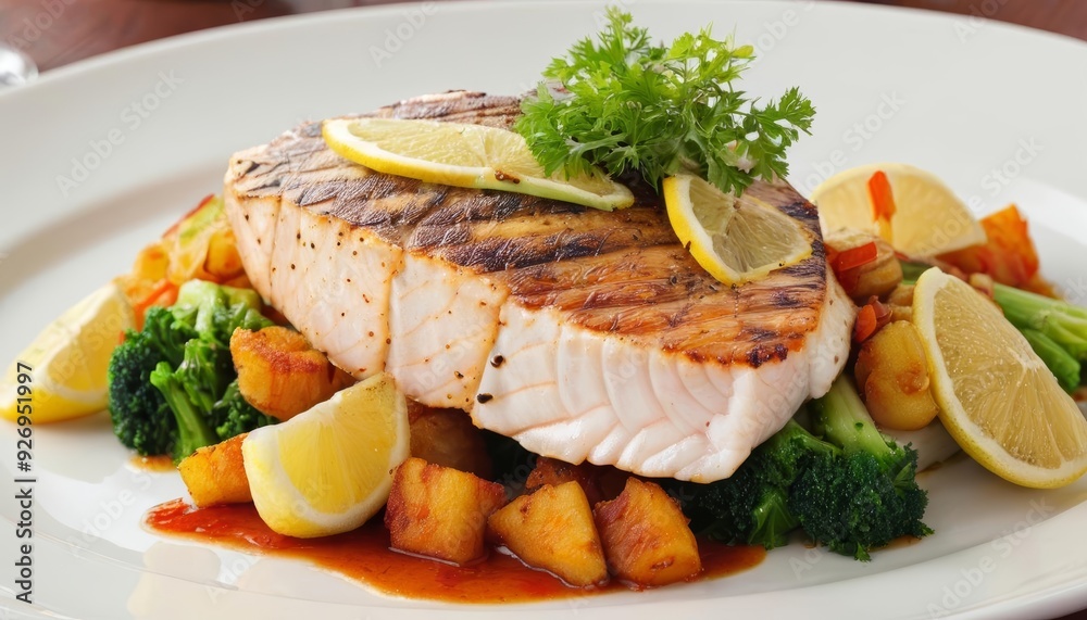 Deliciously grilled fish with lemon and herbs served with a side of roasted vegetables Deliciously grilled fish with lemon and herbs served with a side of roasted vegetables