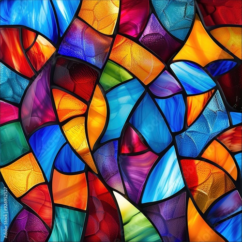 A vibrant stained glass pattern with colorful, abstract shapes and textures.