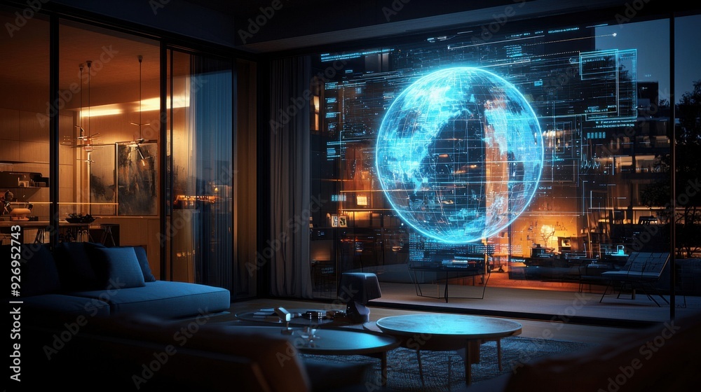 An elegant living room with a holographic globe floating above a coffee table, enhanced by augmented reality interfaces showing real-time environmental data and interactive maps; the room is An elegant living room with a holographic globe floating above a coffee table, enhanced by augmented reality interfaces showing real-time environmental data and interactive maps; the room is