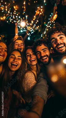 Group of friends enjoying a night out, smiling under string lights, capturing a joyful and festive moment together. photo