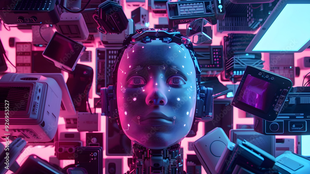 AI Head Surrounded by Technological Devices AI Head Surrounded by Technological Devices