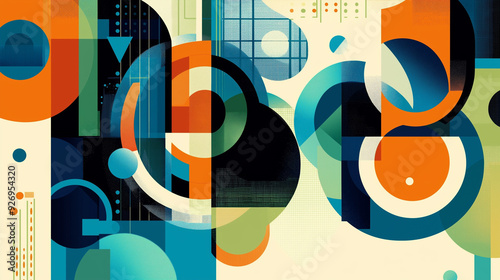 Modern style graphics using vector techniques, with geometric shapes such as circles, squares and triangles as the main elements, arranged in a way that creates balance and interest.