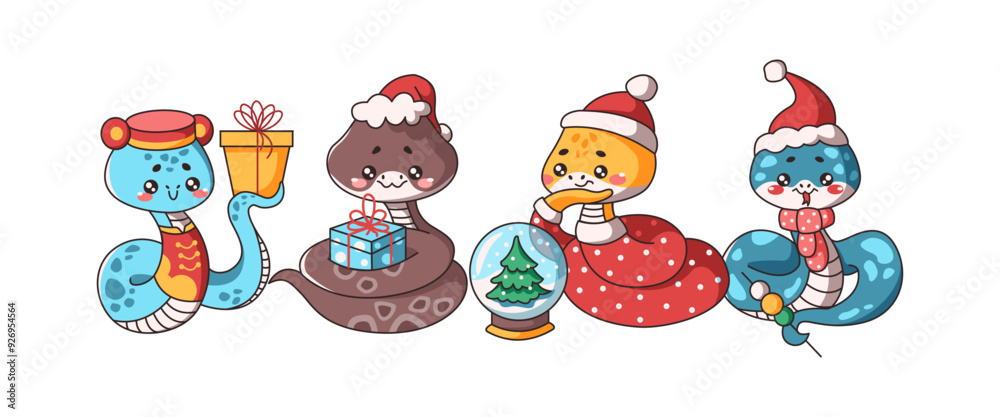 Fototapeta premium Illustration set of festive Kawaii snakes in flat color vector style. Celebrating New Year with items representing 2025 oriental zodiac mascots