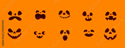 Funny faces for Halloween pumpkin carving objects flat color vector icon set. Cute monsters grimaces illustration pack on orange background