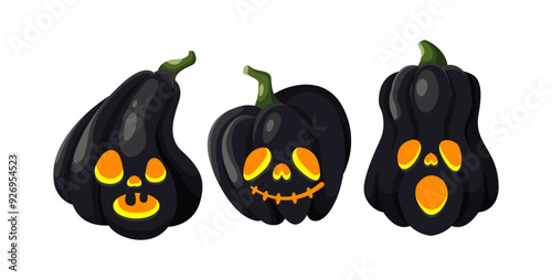 Evil black Halloween pumpkins objects flat color vector icon set. Traditional spooky autumn holiday decor illustration pack on white background