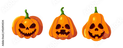Evil orange Halloween pumpkins objects flat color vector icon set. Traditional spooky autumn holiday decor illustration pack on white background