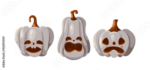 Pumpkins with scary carved faces objects flat color vector icon set. Halloween holiday celebration with jack o lanterns illustrations on white