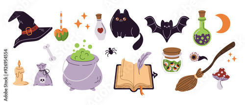 Funny witchcraft Halloween decor objects flat color vector icon set. Spooky magic supplies. Children holiday illustration pack on white