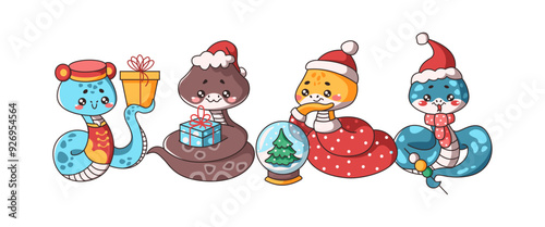 Illustration set of festive Kawaii snakes in flat color vector style. Celebrating New Year with items representing 2025 oriental zodiac mascots
