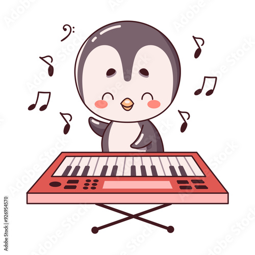 Kawaii penguin sits at synthesizer flat color vector illustration. Penguin plays energetic melody on synthesizer icon on white background