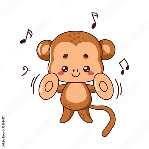 Little monkey plays with musical cymbals flat color vector. Kawaii wild animal creating melody as part of children musical school on white