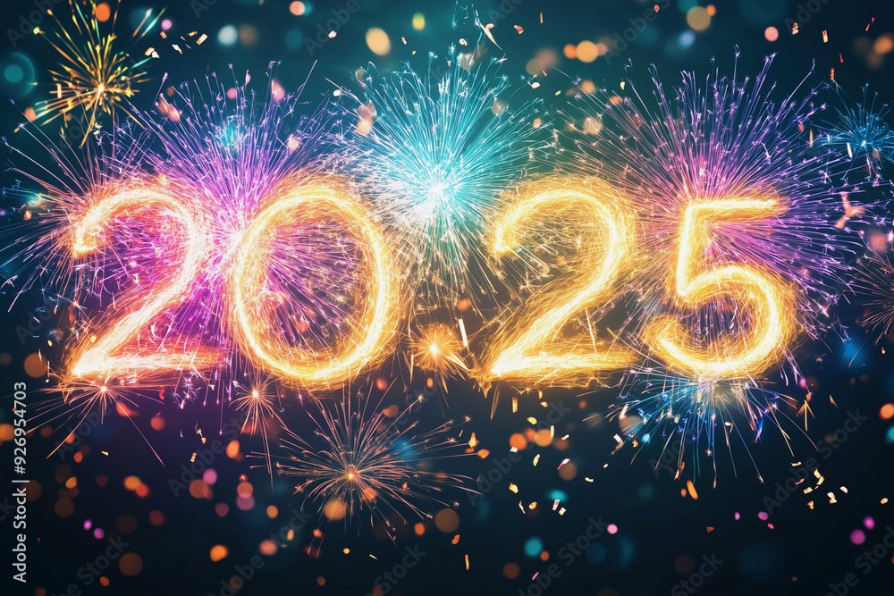 colorful fireworks display with the number 2025 the middle. The fireworks are in different