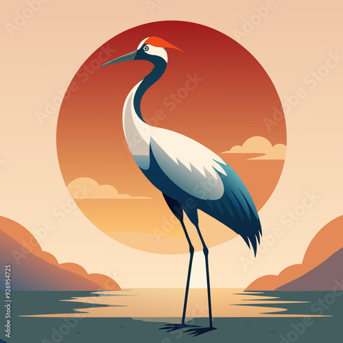 heron on sunset background silhouette vector illustration