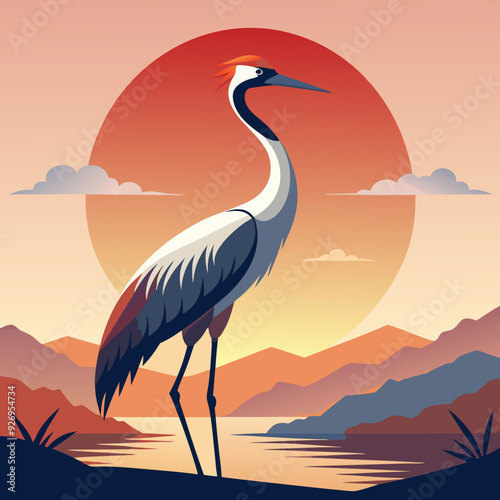 heron on sunset background silhouette vector illustration