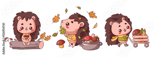 Little Kawaii hedgehog cubs in multiple scenarios flat color vector set. Engaging scenes feature adorable wild animals set on white background