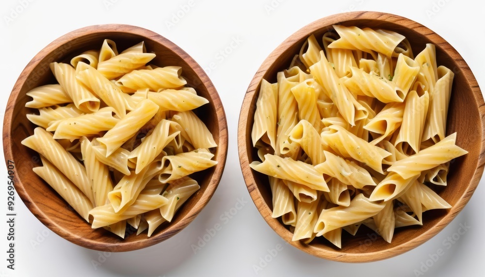 Deliciously ready to serve Penne pasta in wooden bowls Deliciously ready to serve Penne pasta in wooden bowls