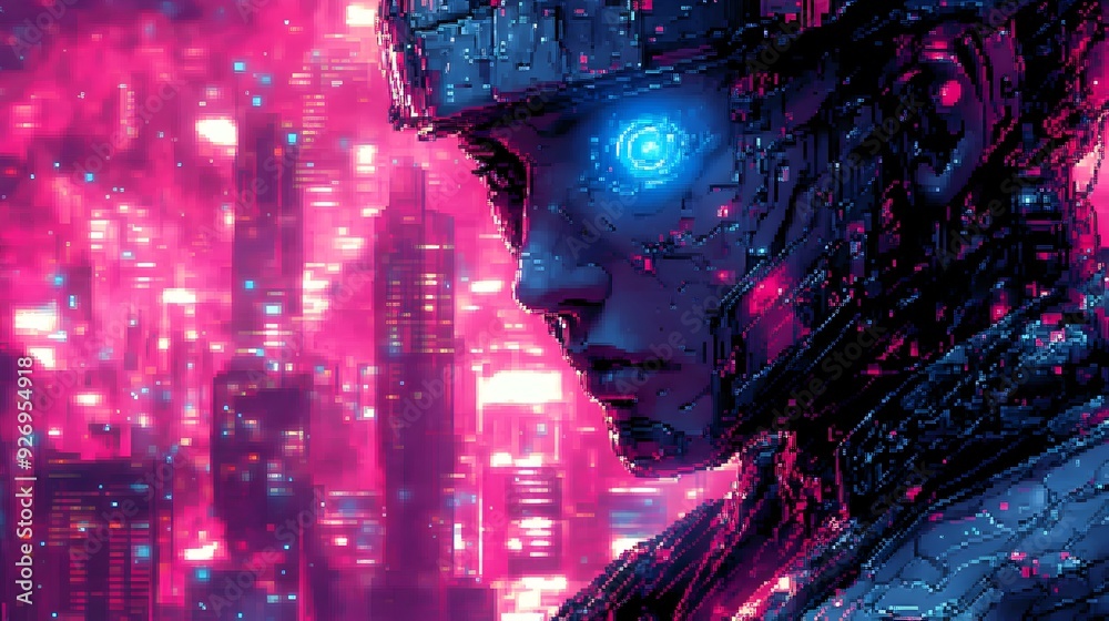 Obraz premium Cyber-Augmented Pixel Art Samurai in Vibrant Neon Cityscape Backdrop