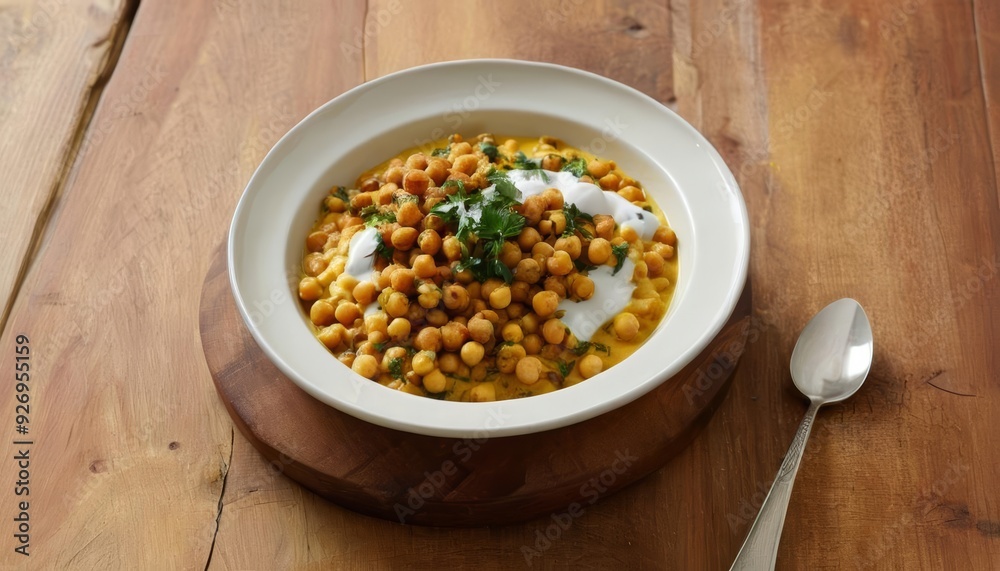 Delicious bowl of chickpeas with yogurt and herbs ready to be savored Delicious bowl of chickpeas with yogurt and herbs ready to be savored