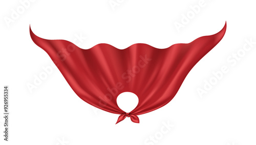 Flying superhero cloak realistic vector illustration. Superpower symbol. Bright red fabric cape flattering in air 3d object on white background