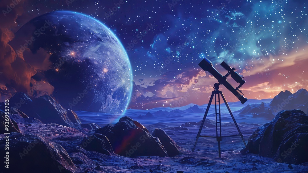 A telescope stands on a desolate alien landscape, pointed at a distant planet in a starry sky. The scene is rendered in a moody, purple-tinged palette. A telescope stands on a desolate alien landscape, pointed at a distant planet in a starry sky. The scene is rendered in a moody, purple-tinged palette.
